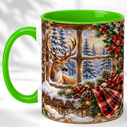 #pl[11oz|Green] Christmas Deer Coffee Mug, Winter Poinsettia Mug, Ceramic Cup