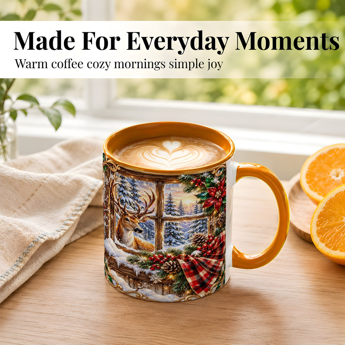 #pl[11oz|Orange] Christmas Deer Coffee Mug, Winter Poinsettia Mug, Ceramic Cup