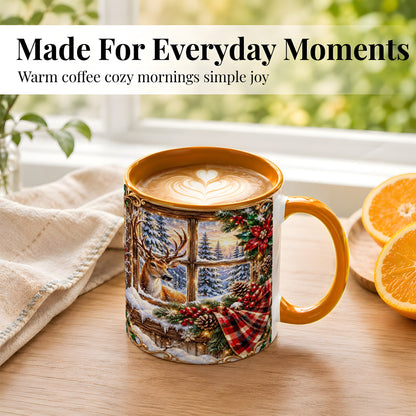 #pl[11oz|Orange] Christmas Deer Coffee Mug, Winter Poinsettia Mug, Ceramic Cup
