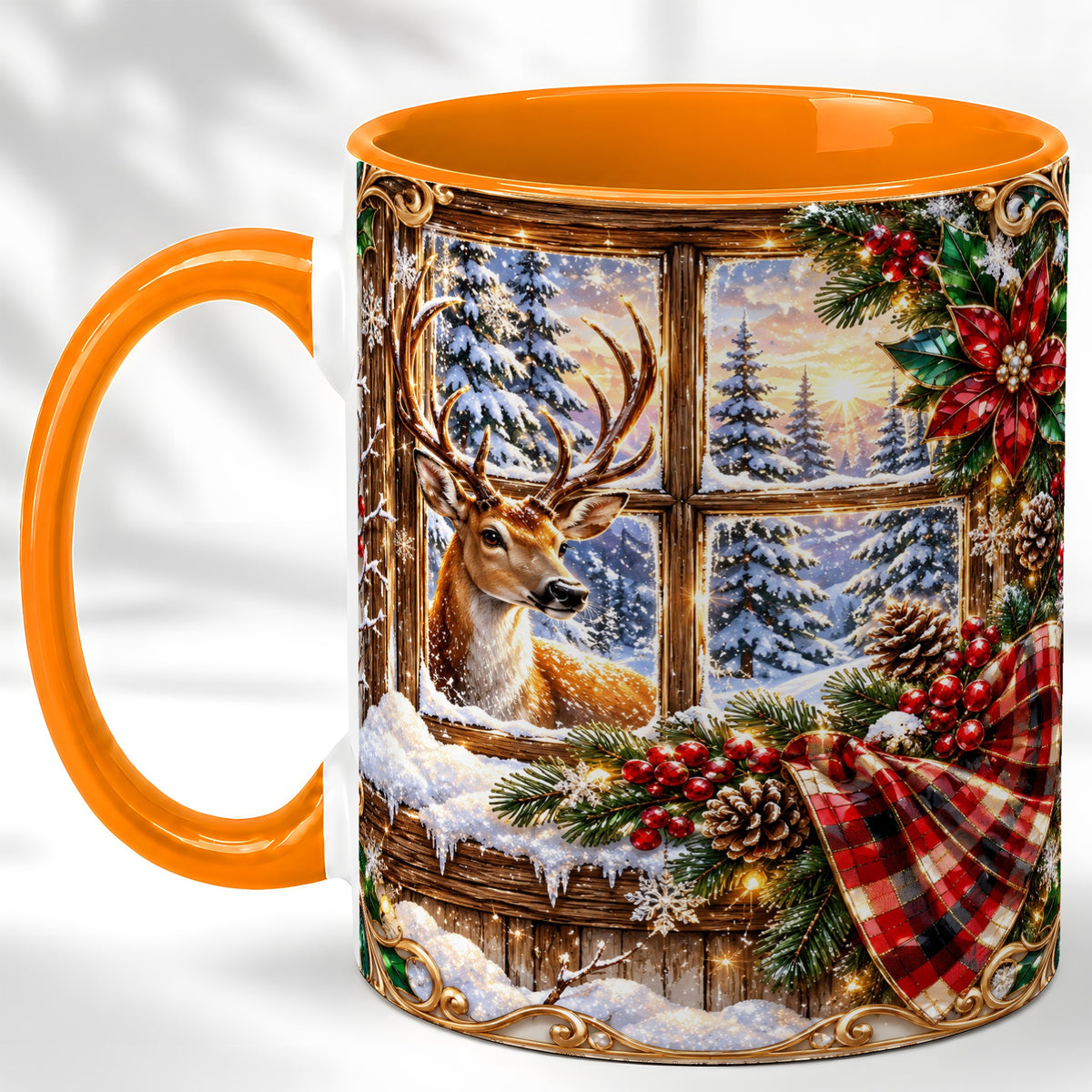 #pl[11oz|Orange] Christmas Deer Coffee Mug, Winter Poinsettia Mug, Ceramic Cup