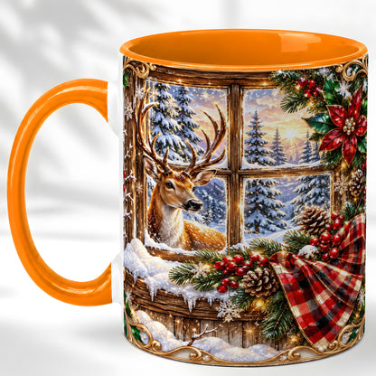 #pl[11oz|Orange] Christmas Deer Coffee Mug, Winter Poinsettia Mug, Ceramic Cup
