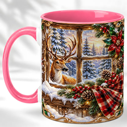 #pl[11oz|Pink] Christmas Deer Coffee Mug, Winter Poinsettia Mug, Ceramic Cup