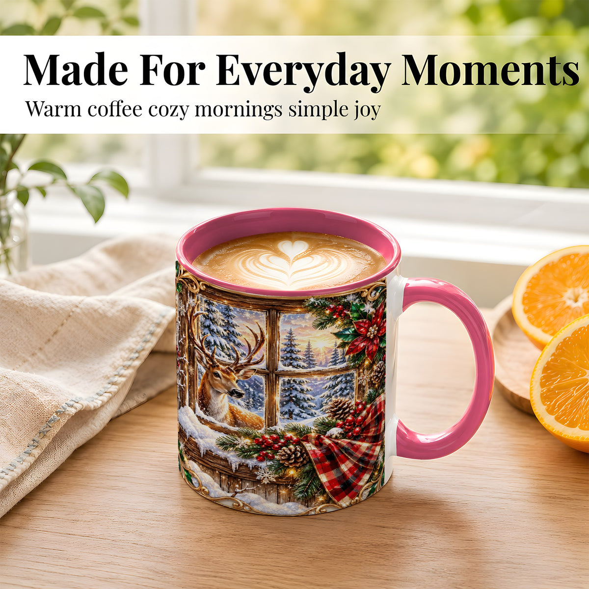 #pl[11oz|Pink] Christmas Deer Coffee Mug, Winter Poinsettia Mug, Ceramic Cup