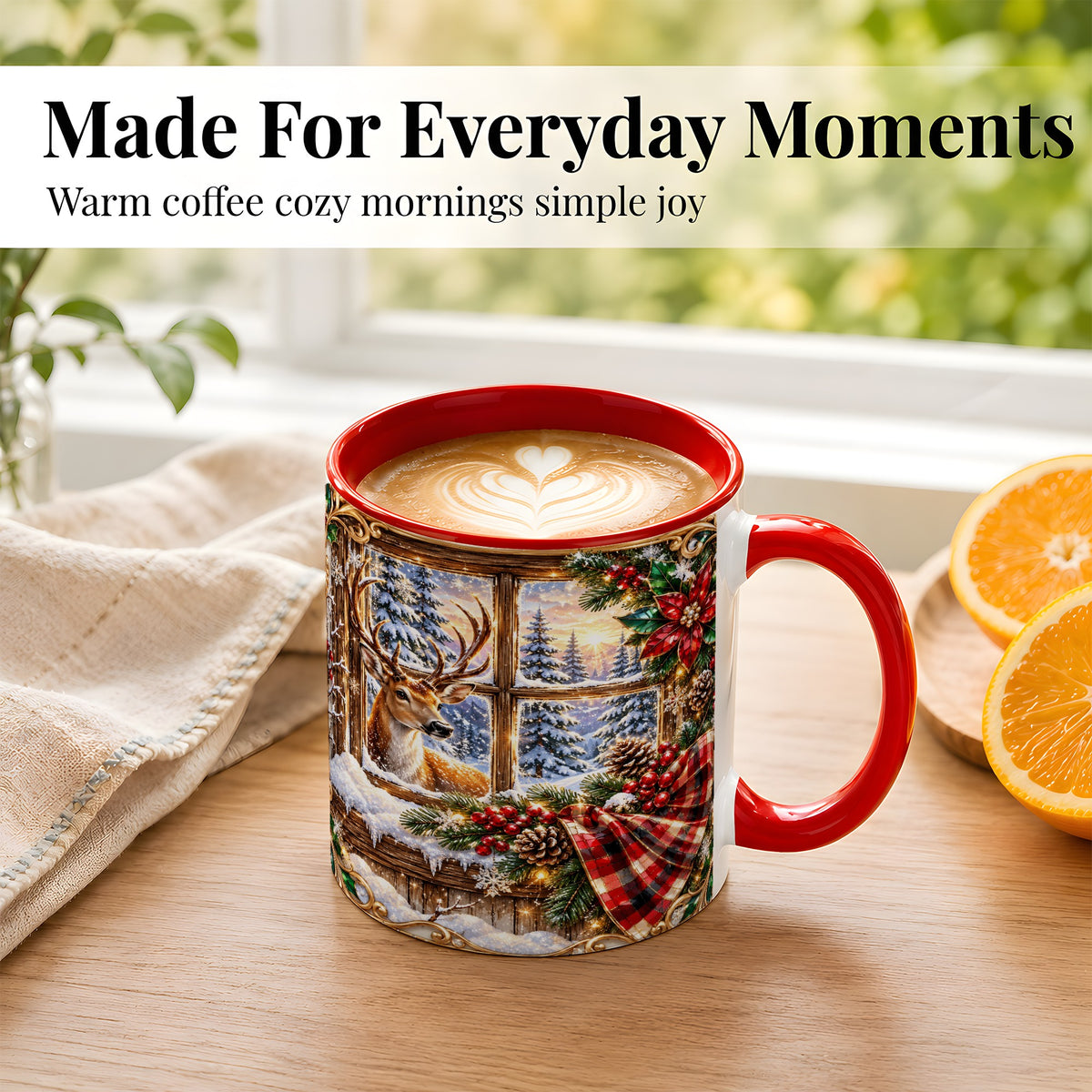 #pl[11oz|Red] Christmas Deer Coffee Mug, Winter Poinsettia Mug, Ceramic Cup