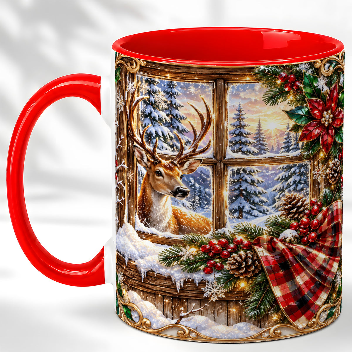 Christmas Deer Coffee Mug, Winter Poinsettia Mug, Ceramic Cup