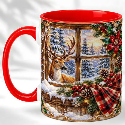 Christmas Deer Coffee Mug, Winter Poinsettia Mug, Ceramic Cup