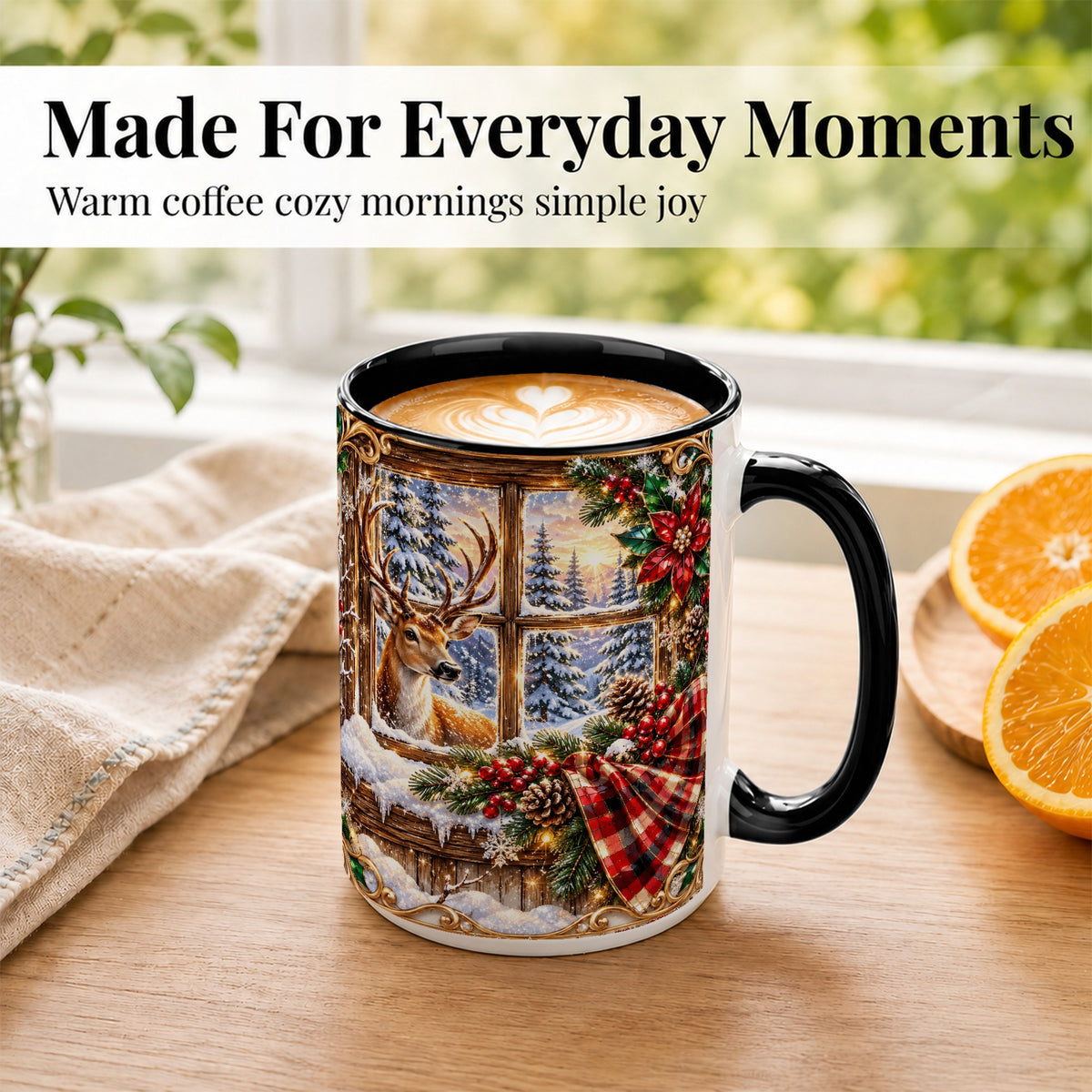#pl[15oz|Black] Christmas Deer Coffee Mug, Winter Poinsettia Mug, Ceramic Cup