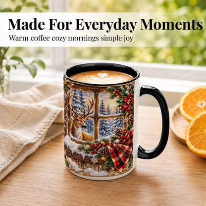 #pl[15oz|Black] Christmas Deer Coffee Mug, Winter Poinsettia Mug, Ceramic Cup