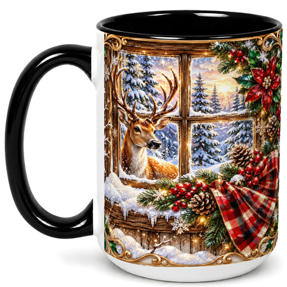 #pl[15oz|Black] Christmas Deer Coffee Mug, Winter Poinsettia Mug, Ceramic Cup