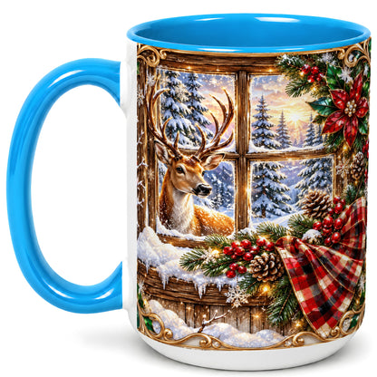 #pl[15oz|Blue] Christmas Deer Coffee Mug, Winter Poinsettia Mug, Ceramic Cup