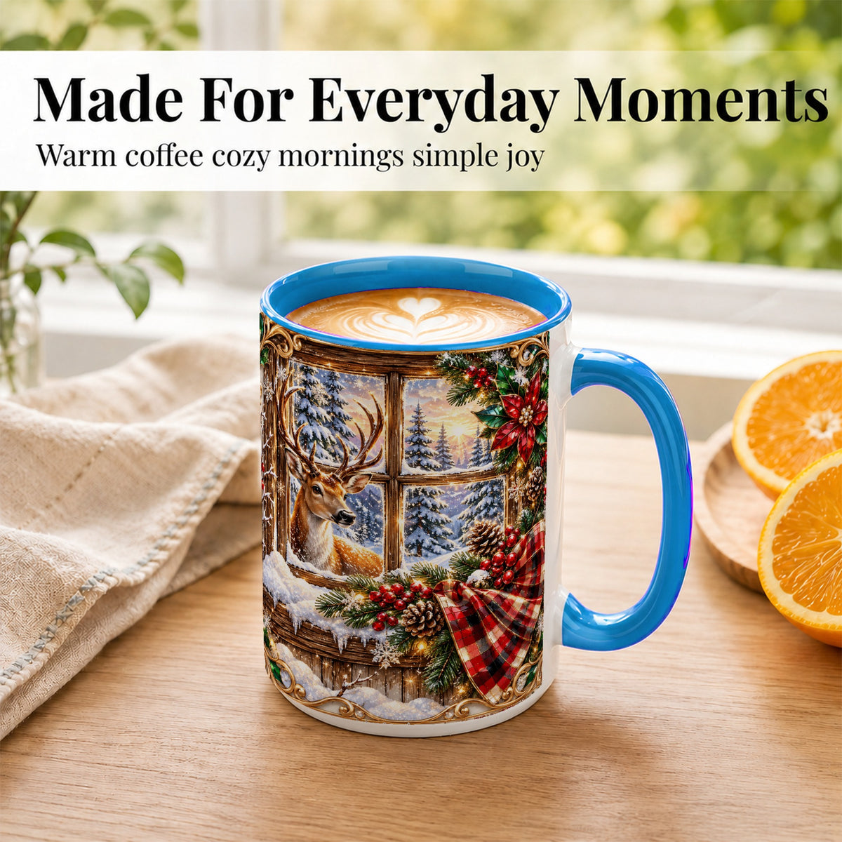 #pl[15oz|Blue] Christmas Deer Coffee Mug, Winter Poinsettia Mug, Ceramic Cup