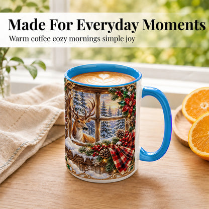 #pl[15oz|Blue] Christmas Deer Coffee Mug, Winter Poinsettia Mug, Ceramic Cup