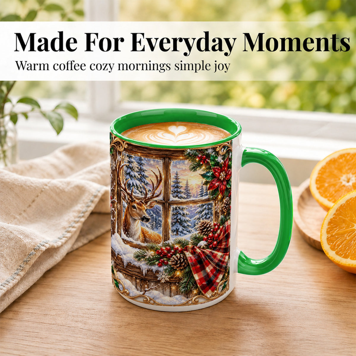 #pl[15oz|Green] Christmas Deer Coffee Mug, Winter Poinsettia Mug, Ceramic Cup