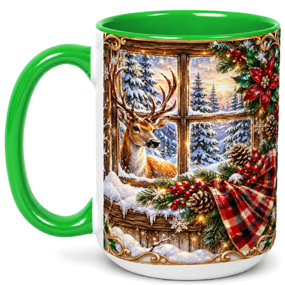#pl[15oz|Green] Christmas Deer Coffee Mug, Winter Poinsettia Mug, Ceramic Cup