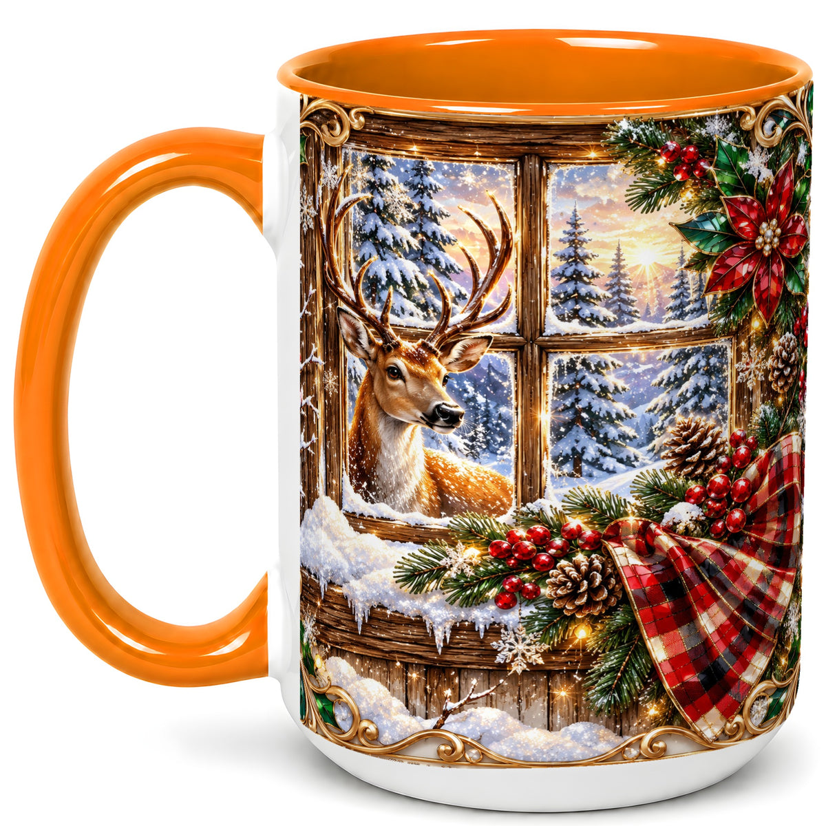 #pl[15oz|Orange] Christmas Deer Coffee Mug, Winter Poinsettia Mug, Ceramic Cup