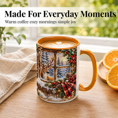 #pl[15oz|Orange] Christmas Deer Coffee Mug, Winter Poinsettia Mug, Ceramic Cup
