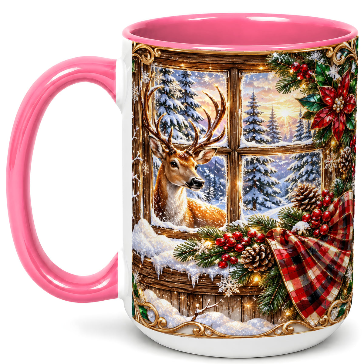 #pl[15oz|Pink] Christmas Deer Coffee Mug, Winter Poinsettia Mug, Ceramic Cup