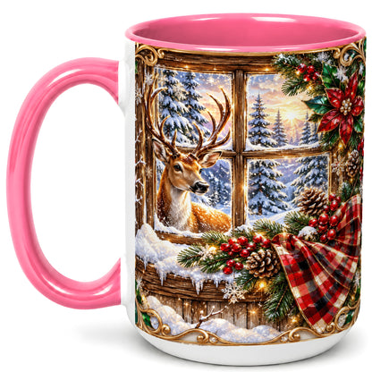 #pl[15oz|Pink] Christmas Deer Coffee Mug, Winter Poinsettia Mug, Ceramic Cup
