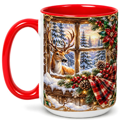 #pl[15oz|Red] Christmas Deer Coffee Mug, Winter Poinsettia Mug, Ceramic Cup