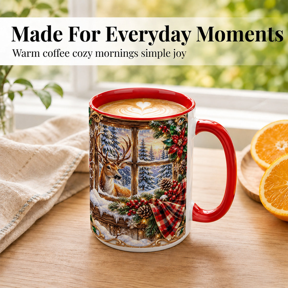 #pl[15oz|Red] Christmas Deer Coffee Mug, Winter Poinsettia Mug, Ceramic Cup
