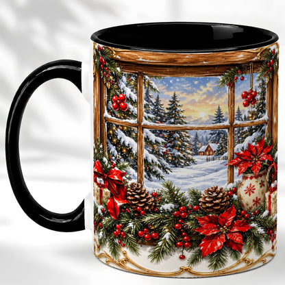 #pl[11oz|Black] Snowy Cabin Coffee Mug, Christmas Window Mug, Ceramic Cup