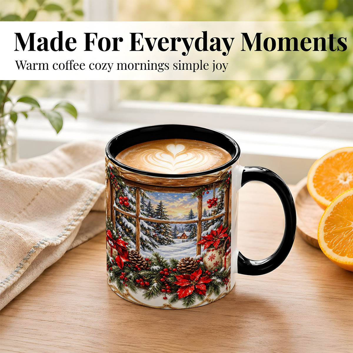 #pl[11oz|Black] Snowy Cabin Coffee Mug, Christmas Window Mug, Ceramic Cup