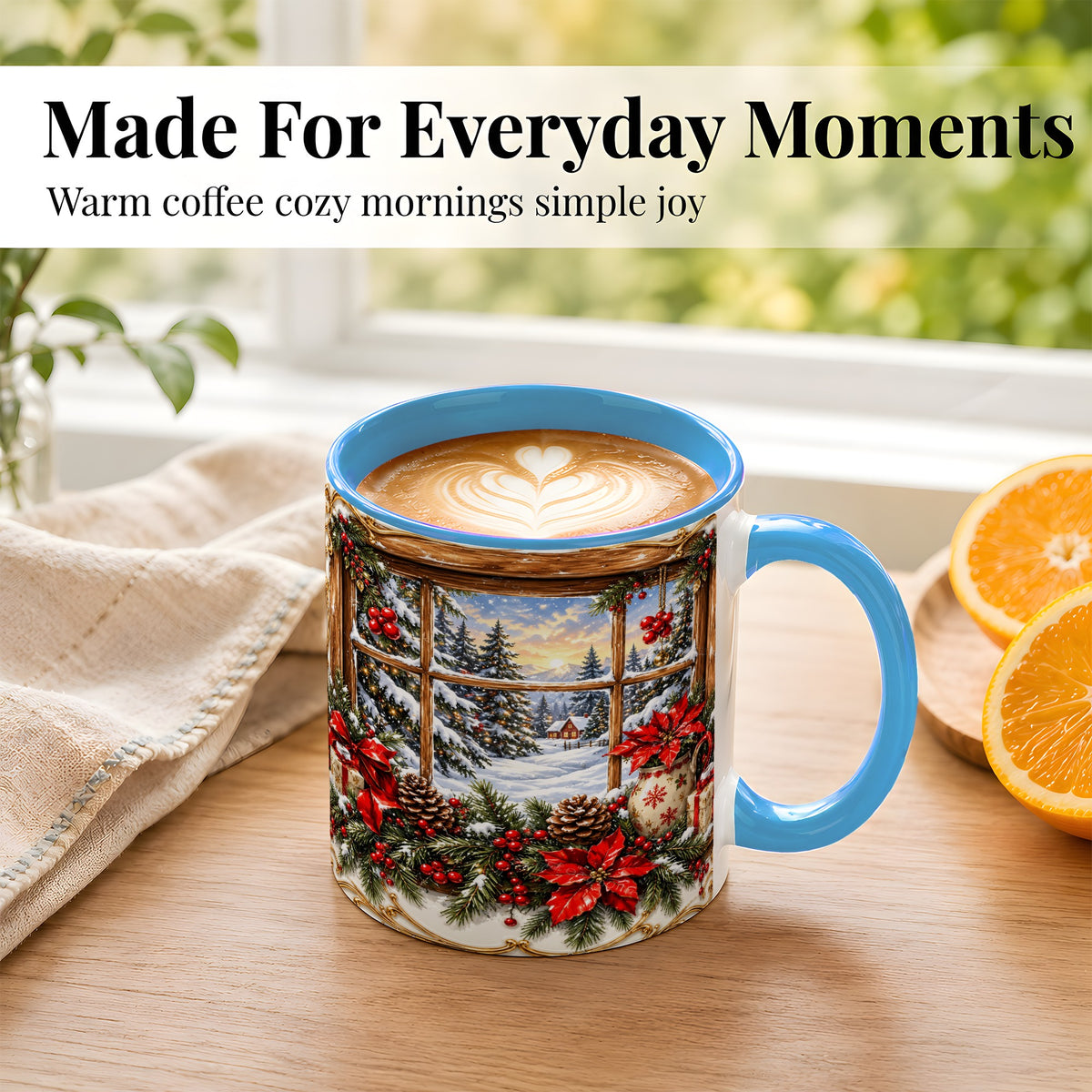 #pl[11oz|Blue] Snowy Cabin Coffee Mug, Christmas Window Mug, Ceramic Cup