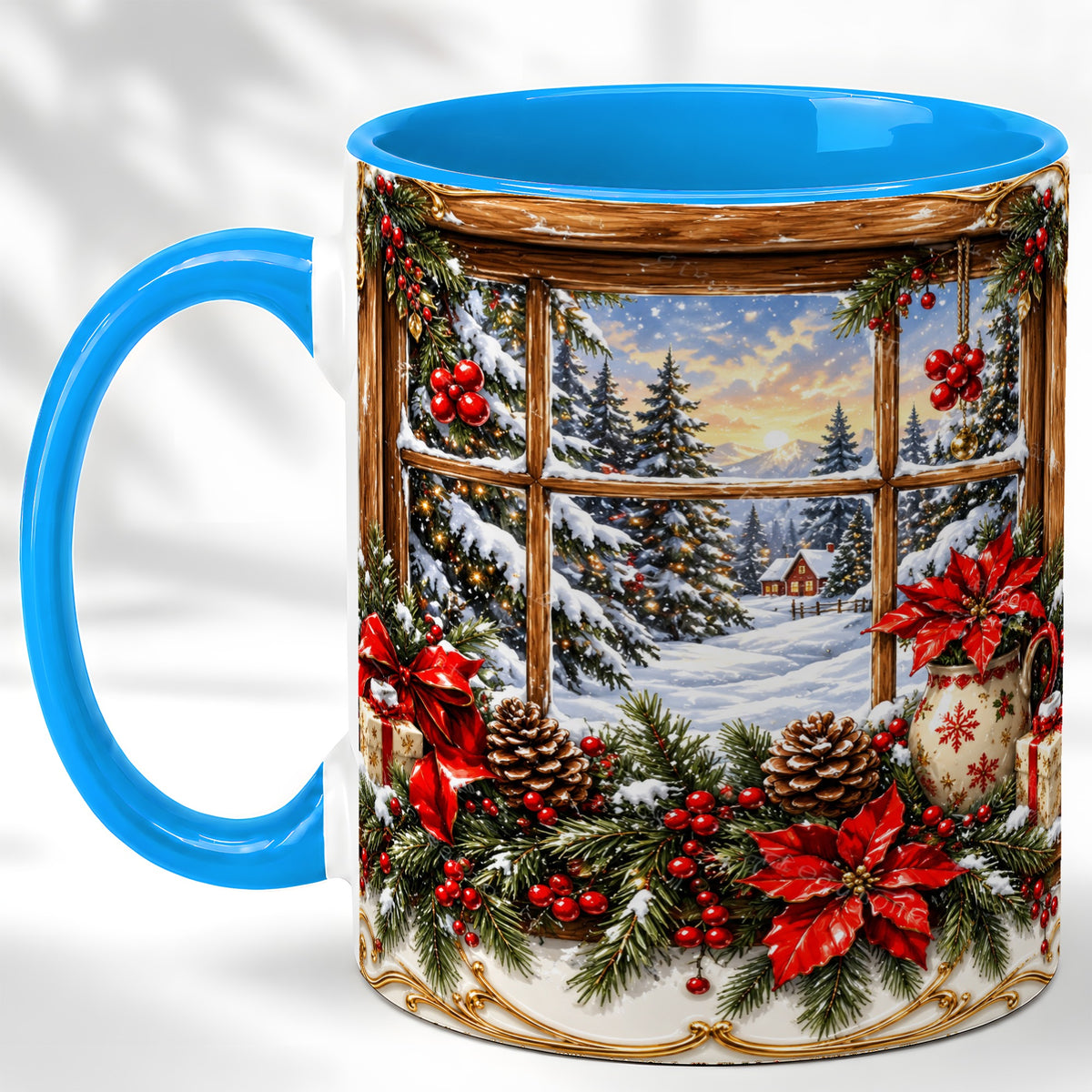 #pl[11oz|Blue] Snowy Cabin Coffee Mug, Christmas Window Mug, Ceramic Cup