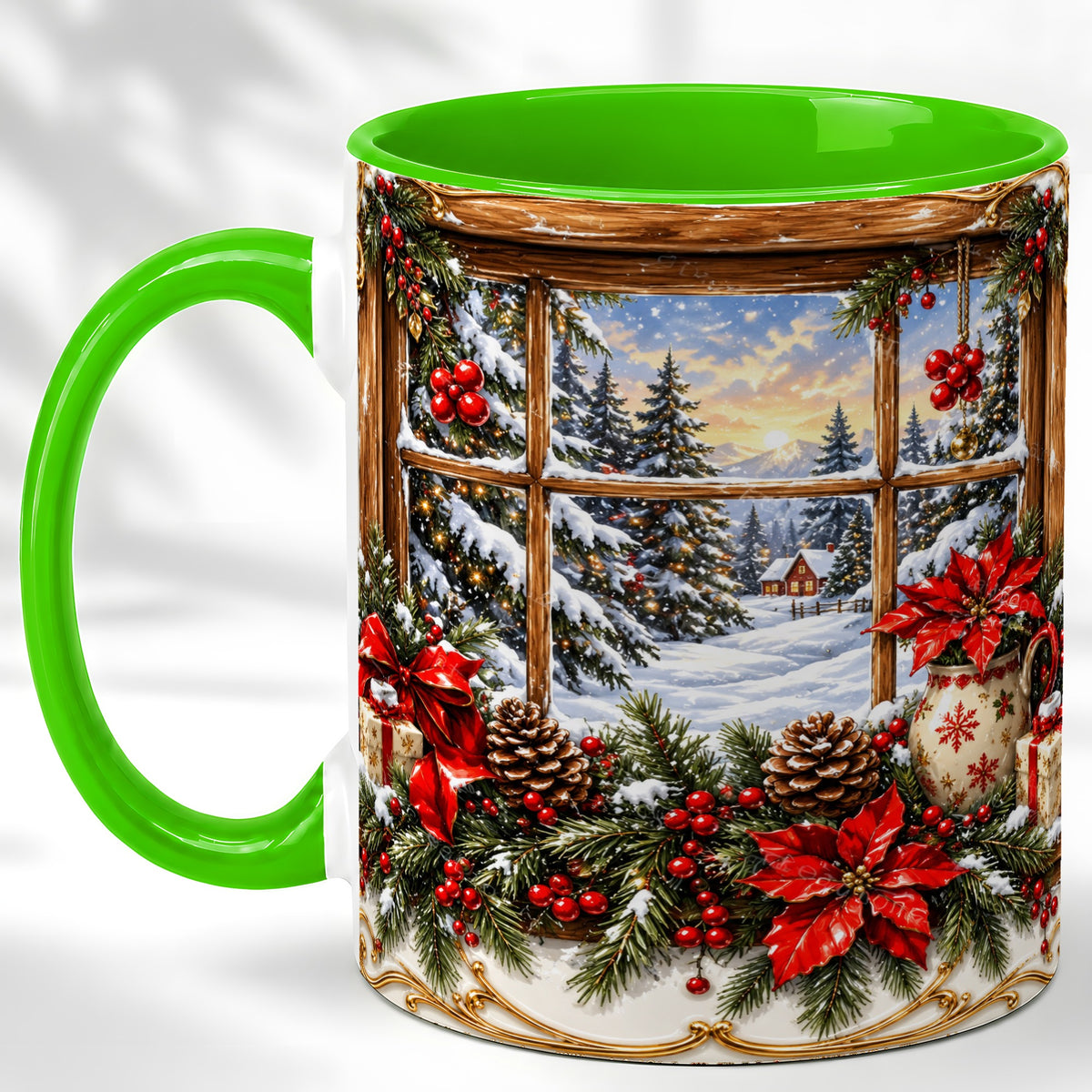 #pl[11oz|Green] Snowy Cabin Coffee Mug, Christmas Window Mug, Ceramic Cup
