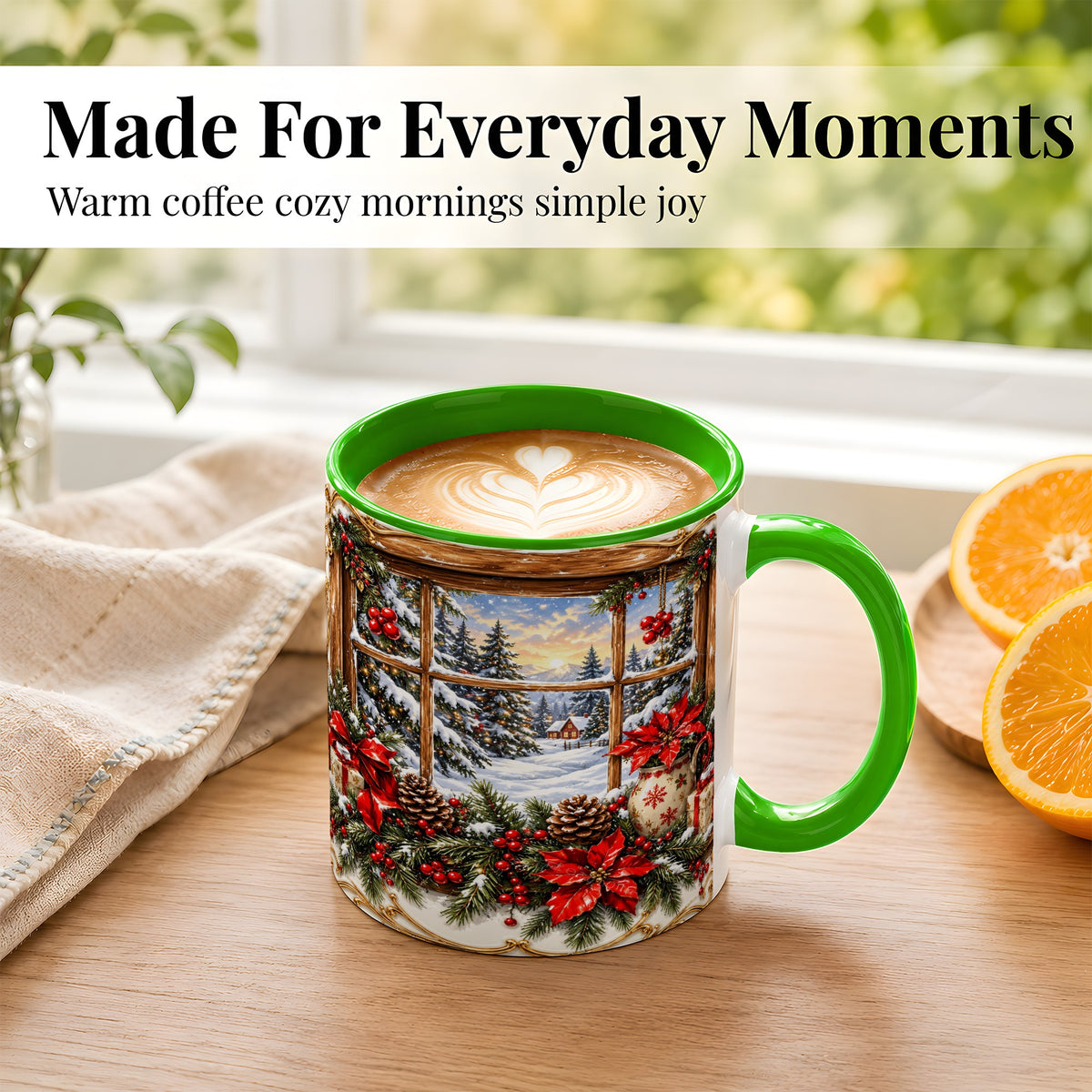 #pl[11oz|Green] Snowy Cabin Coffee Mug, Christmas Window Mug, Ceramic Cup