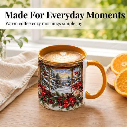 #pl[11oz|Orange] Snowy Cabin Coffee Mug, Christmas Window Mug, Ceramic Cup