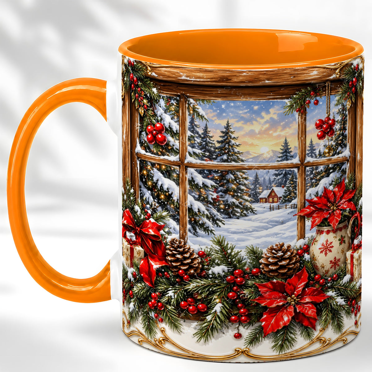 #pl[11oz|Orange] Snowy Cabin Coffee Mug, Christmas Window Mug, Ceramic Cup