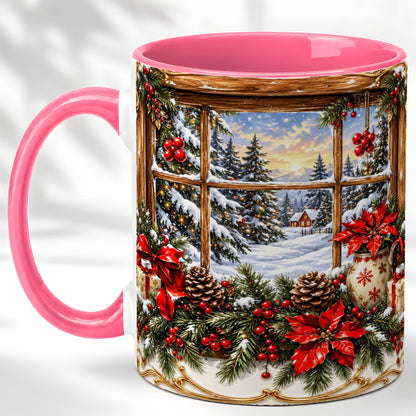 #pl[11oz|Pink] Snowy Cabin Coffee Mug, Christmas Window Mug, Ceramic Cup