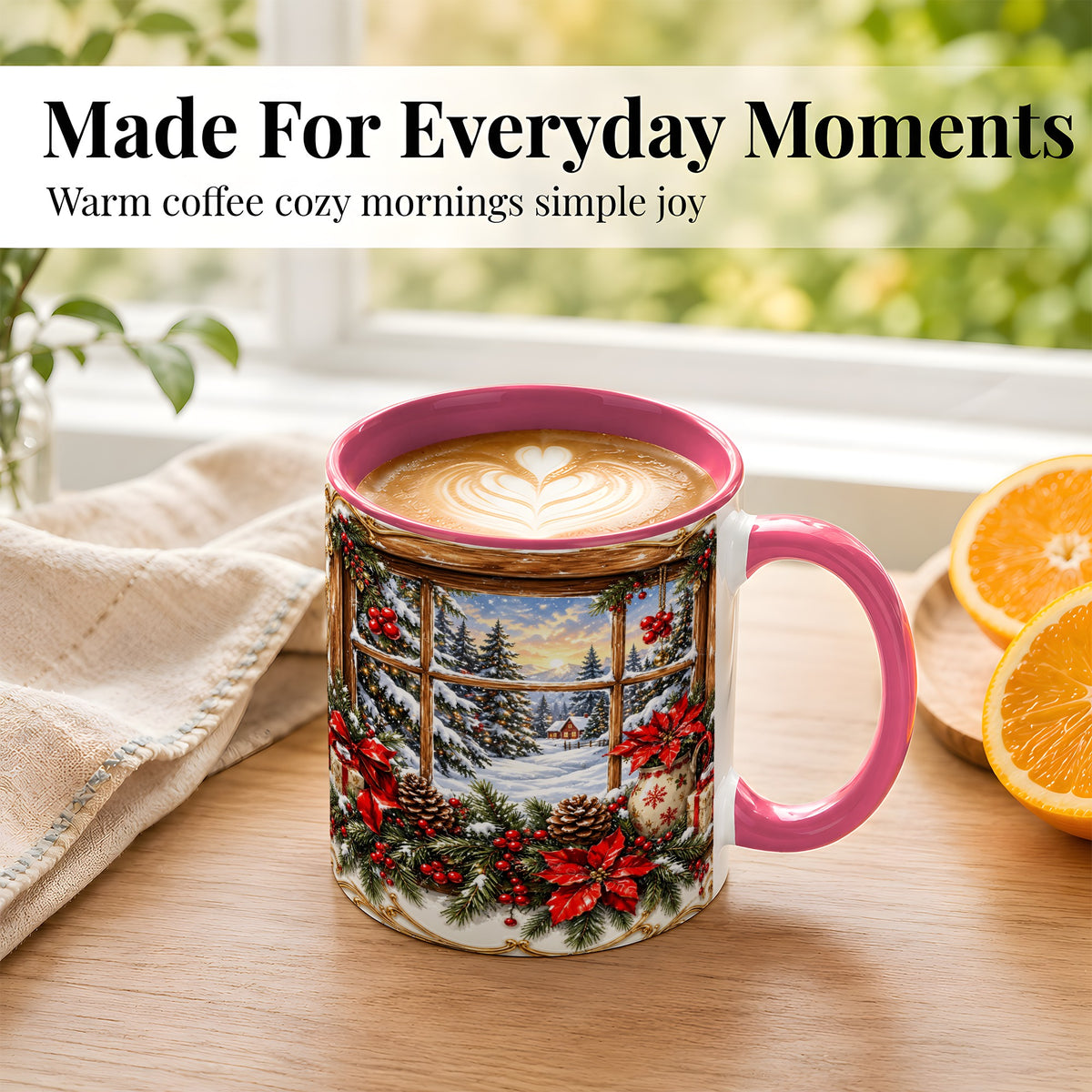 #pl[11oz|Pink] Snowy Cabin Coffee Mug, Christmas Window Mug, Ceramic Cup