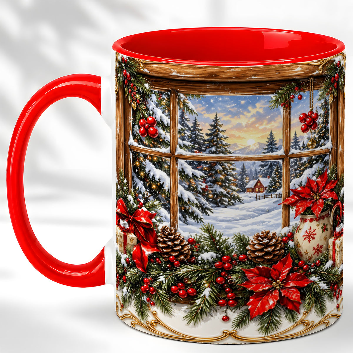 Snowy Cabin Coffee Mug, Christmas Window Mug, Ceramic Cup