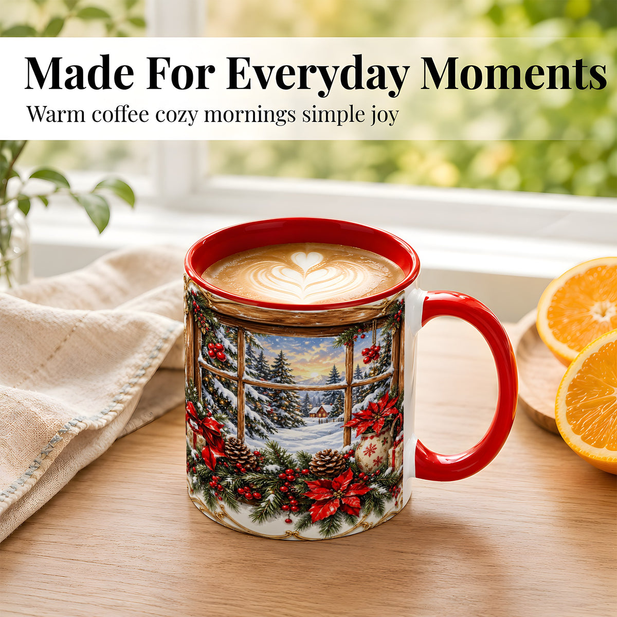 #pl[11oz|Red] Snowy Cabin Coffee Mug, Christmas Window Mug, Ceramic Cup
