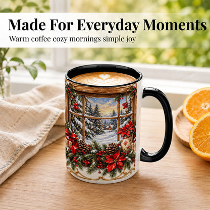 #pl[15oz|Black] Snowy Cabin Coffee Mug, Christmas Window Mug, Ceramic Cup