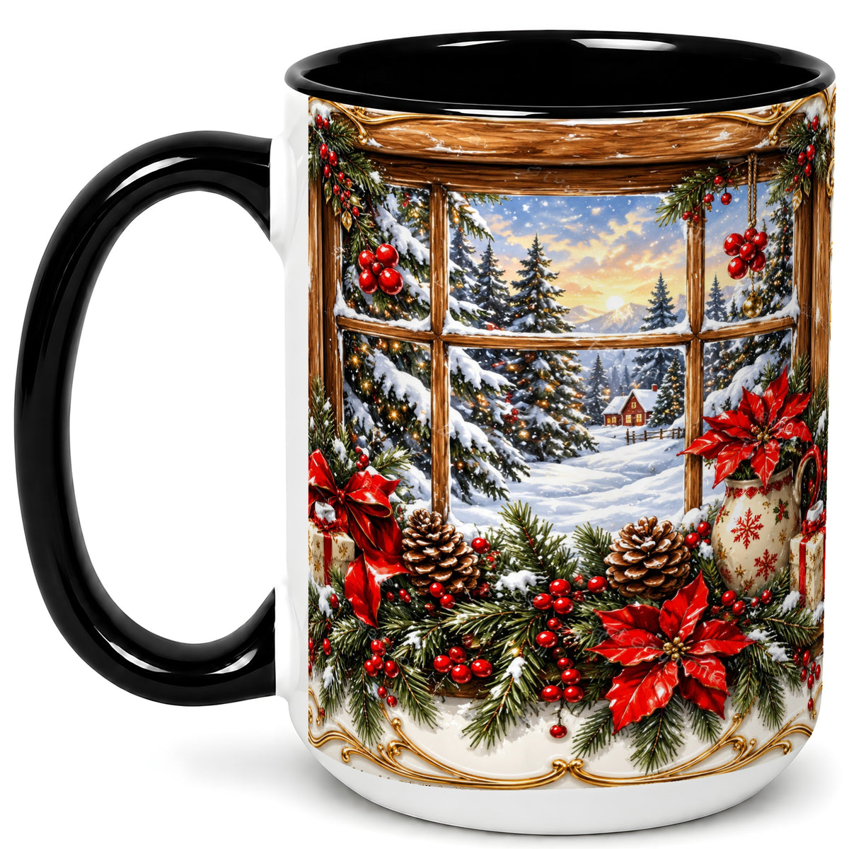 #pl[15oz|Black] Snowy Cabin Coffee Mug, Christmas Window Mug, Ceramic Cup