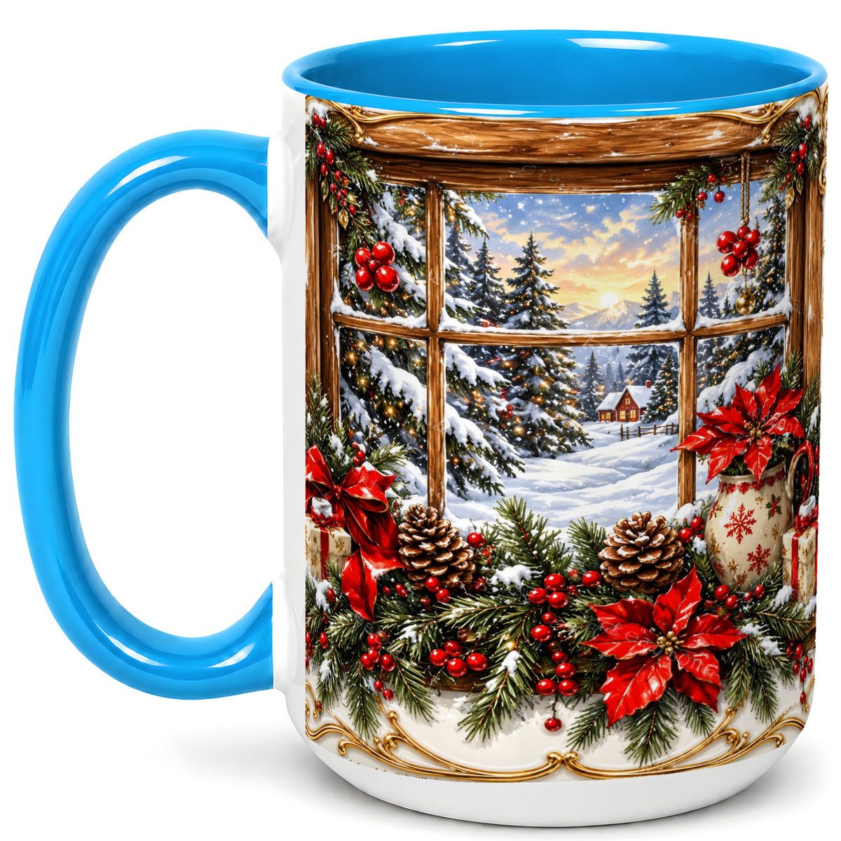 #pl[15oz|Blue] Snowy Cabin Coffee Mug, Christmas Window Mug, Ceramic Cup