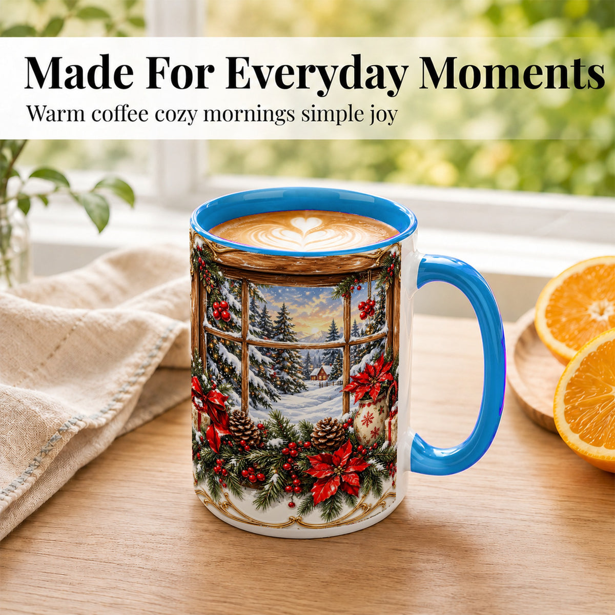 #pl[15oz|Blue] Snowy Cabin Coffee Mug, Christmas Window Mug, Ceramic Cup