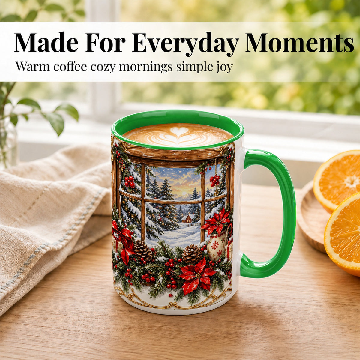 #pl[15oz|Green] Snowy Cabin Coffee Mug, Christmas Window Mug, Ceramic Cup