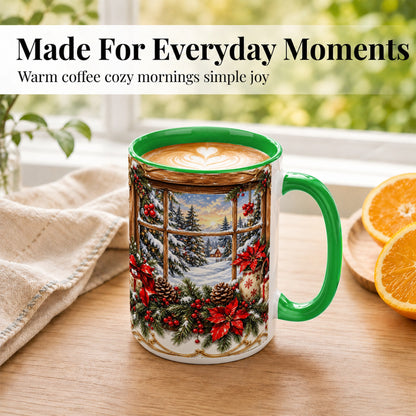 #pl[15oz|Green] Snowy Cabin Coffee Mug, Christmas Window Mug, Ceramic Cup