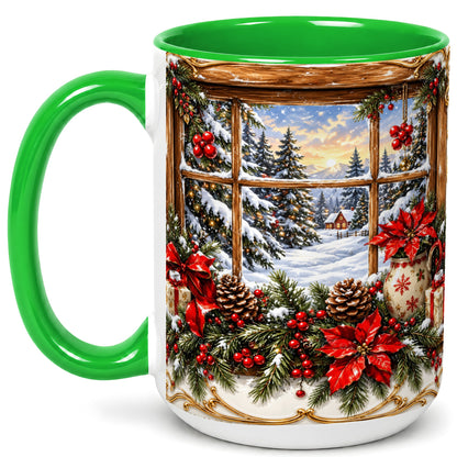 #pl[15oz|Green] Snowy Cabin Coffee Mug, Christmas Window Mug, Ceramic Cup