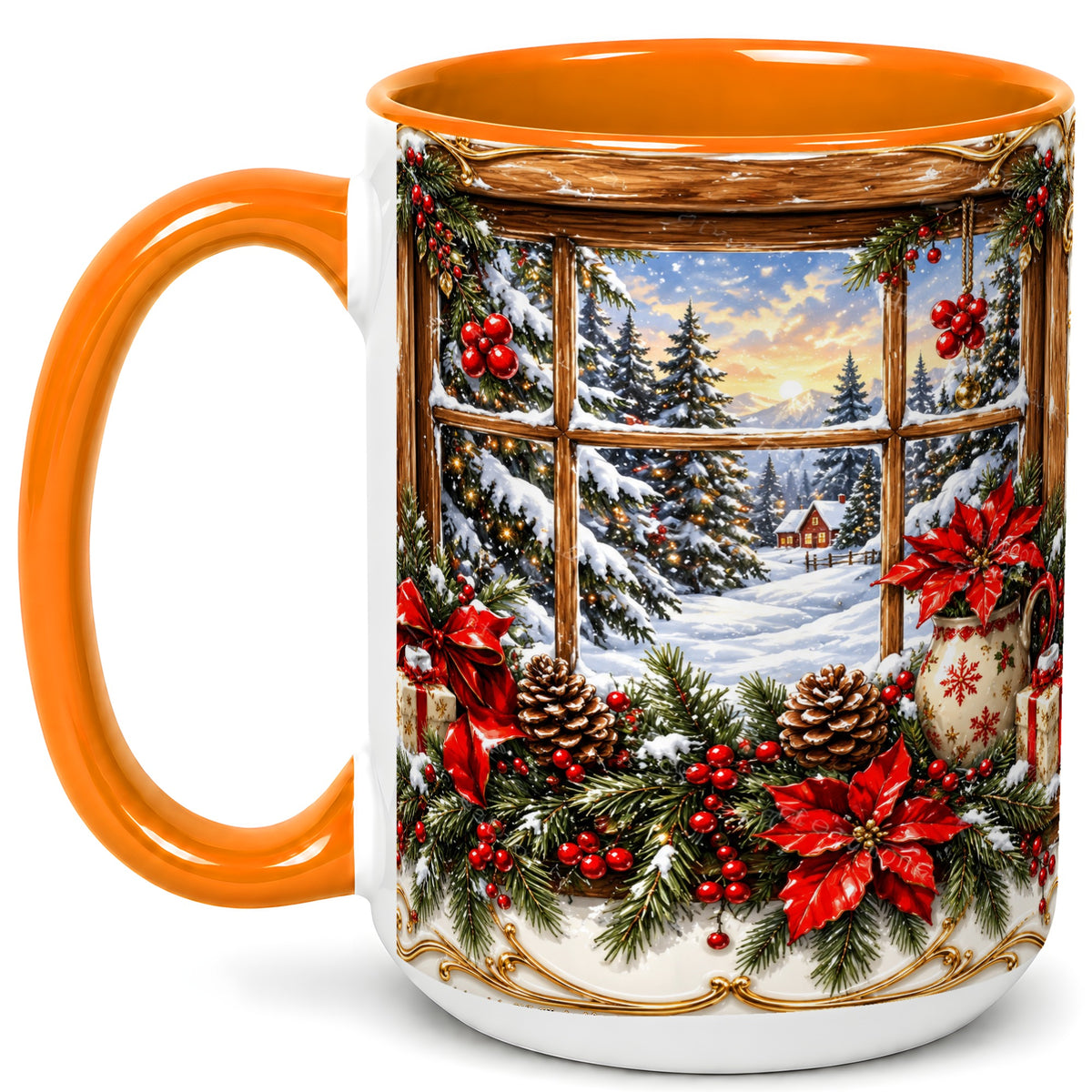 #pl[15oz|Orange] Snowy Cabin Coffee Mug, Christmas Window Mug, Ceramic Cup