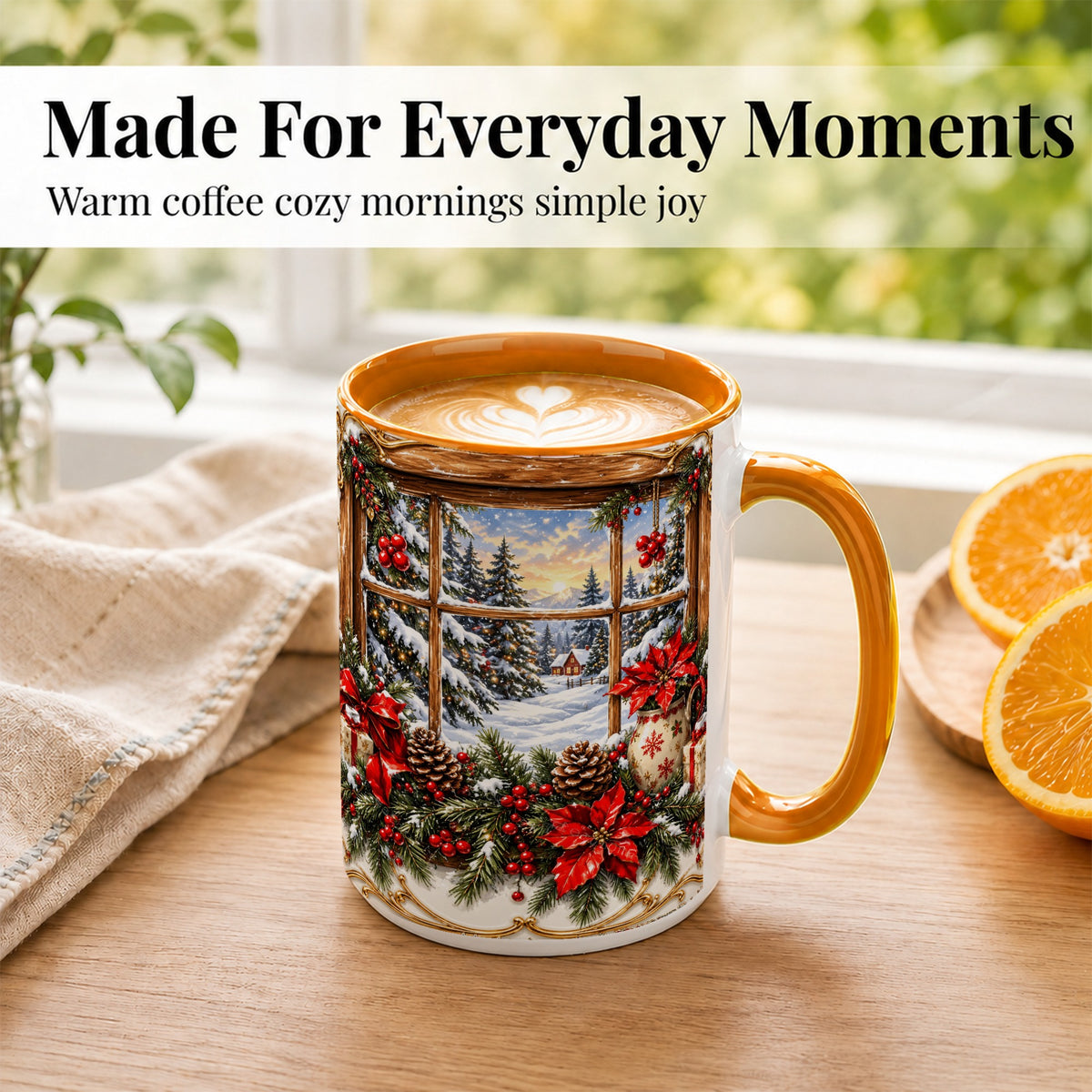 #pl[15oz|Orange] Snowy Cabin Coffee Mug, Christmas Window Mug, Ceramic Cup