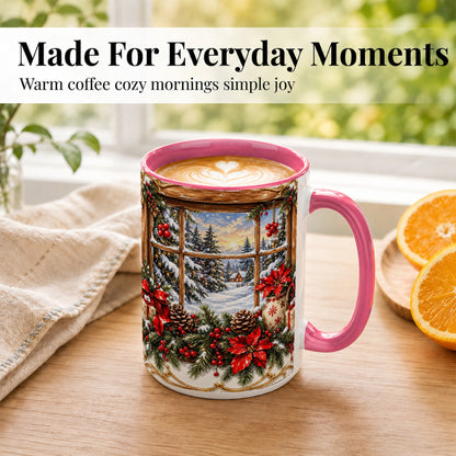 #pl[15oz|Pink] Snowy Cabin Coffee Mug, Christmas Window Mug, Ceramic Cup