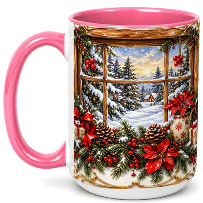 #pl[15oz|Pink] Snowy Cabin Coffee Mug, Christmas Window Mug, Ceramic Cup