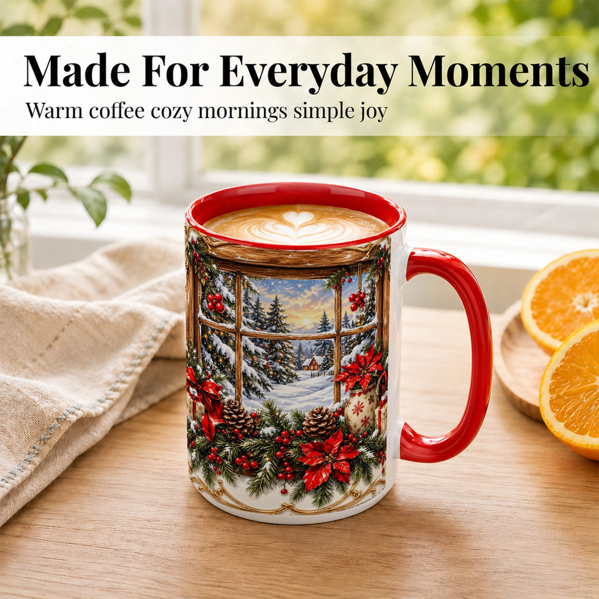 #pl[15oz|Red] Snowy Cabin Coffee Mug, Christmas Window Mug, Ceramic Cup