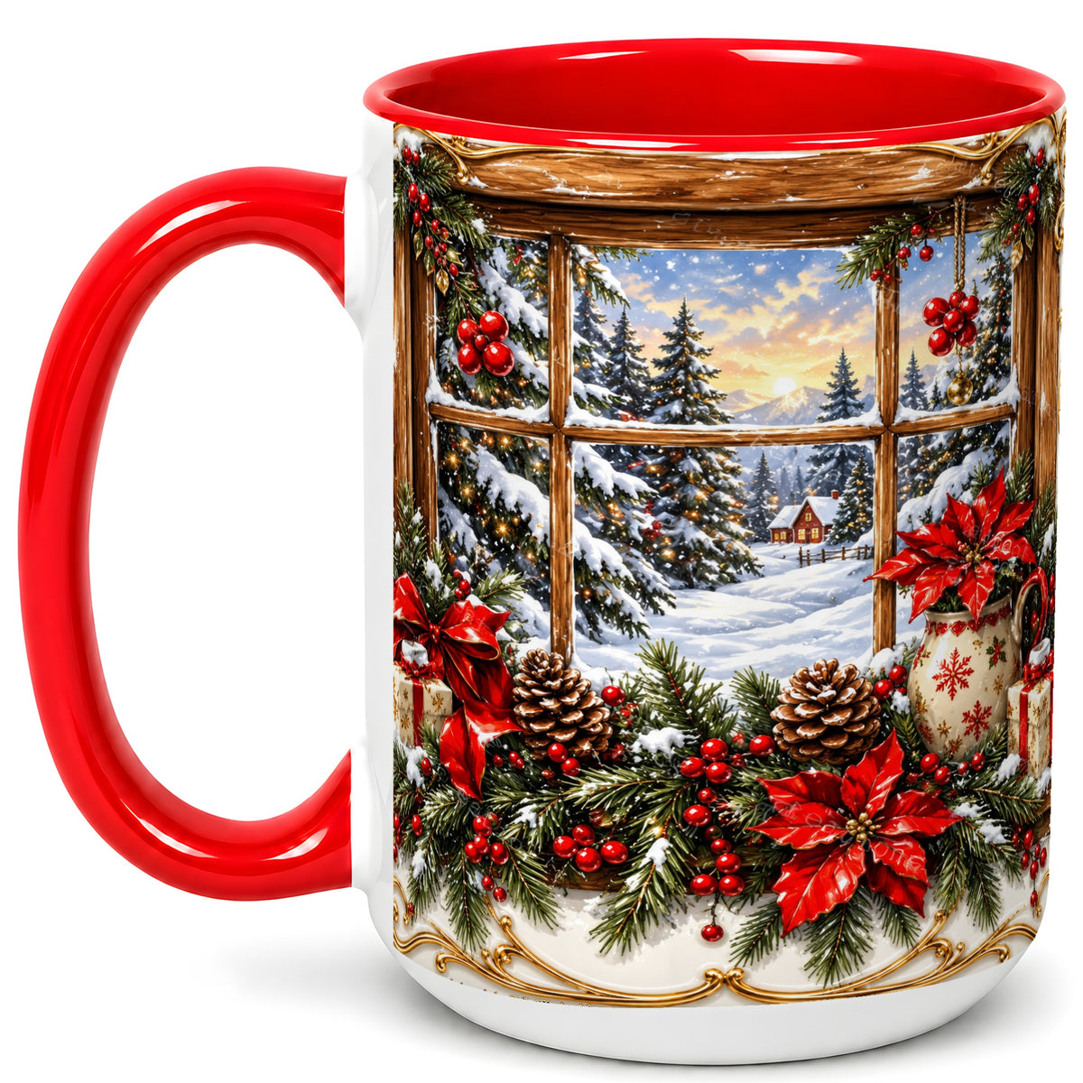 #pl[15oz|Red] Snowy Cabin Coffee Mug, Christmas Window Mug, Ceramic Cup