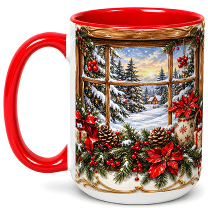 #pl[15oz|Red] Snowy Cabin Coffee Mug, Christmas Window Mug, Ceramic Cup